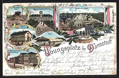 Lithographie Darmstadt, Übungsplatz, Baracken-Lager, Zelt, Sicherheitsstand