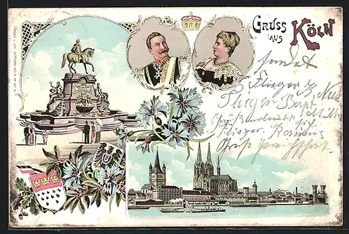 Lithographie Köln, Panorama mit Dampfer & Kaiser Wilhelm II. mit Gemahlin