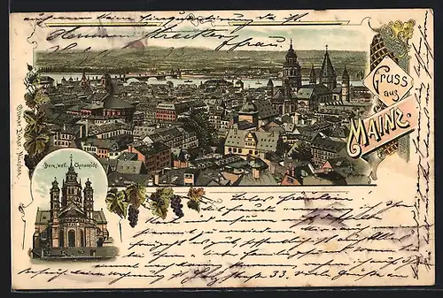 Lithographie Mainz, Dom von Westen, Ortsansicht aus der Vogelschau