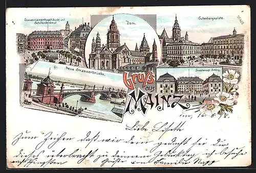 Lithographie Mainz, Neue Strassenbrücke, Drusus-Denkmal, Stadthalle, Schloss, Gutenbergsplatz, Dom
