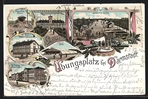 Lithographie Darmstadt, Übungsplatz, Baracken-Lager, Zelt, Sicherheitsstand