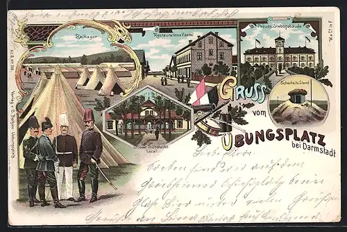 Lithographie Darmstadt, Truppenübungsplatz, Zeltlager, Offizier-Frühstückslokal, Preuss. Stabsgebäude, Reichsflaggen