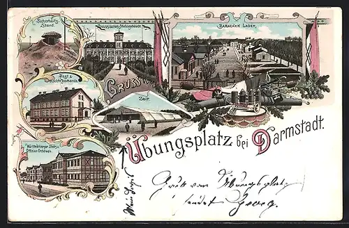 Lithographie Darmstadt, Baracken Lager, Post & Wacht-Commando, Übungsplatz