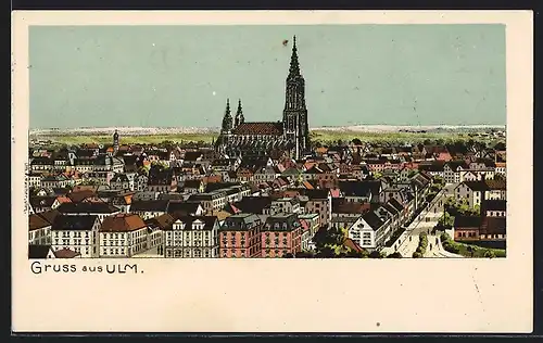 Künstler-AK Ulm, Teilansicht mit Kirche