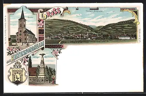 Lithographie Kaltennordheim, Kirche, Totalansicht, Krieger-Denkmal, Stadtwappen