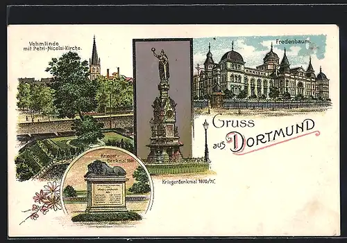 Lithographie Dortmund, Fredenbaum, Kriegerdenkmal, Vehmlinde mit Petri-Nicolai-Kirche
