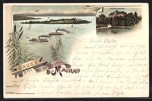 Lithographie Insel Mainau, Schloss Mainau, Panorama mit Dampfern