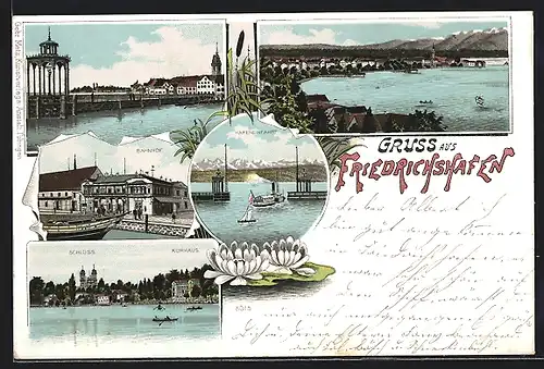 Lithographie Friedrichshafen, Kurhaus und Schloss, Bahnhof, Hafeneinfahrt