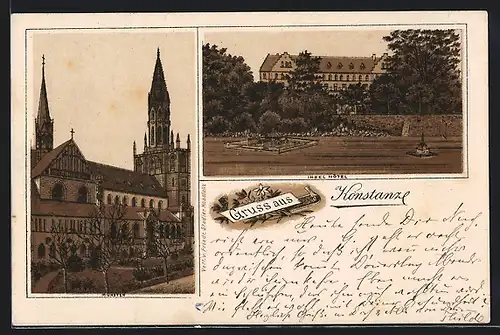 Lithographie Konstanz, Insel Hotel, Münster