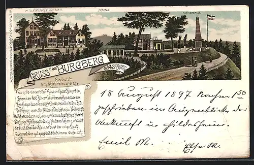 Lithographie Harzburg, Hotel Burgberg mit Brocken und Canossasäule