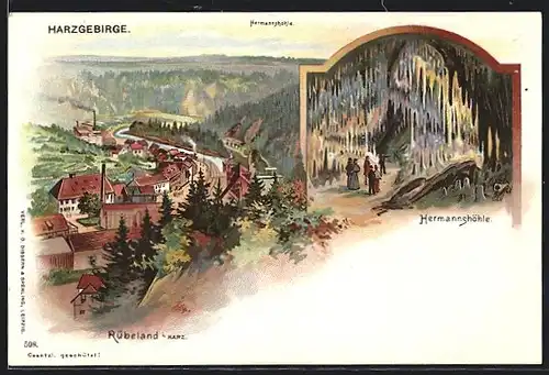 Lithographie Rübeland i. Harz, Besucher in der Hermannshöhle, Ortsansicht