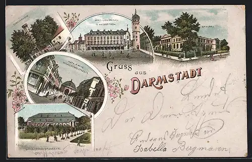 Lithographie Darmstadt, Saalbau, Grossherzogliche Orangerie, Ludwigshöhe