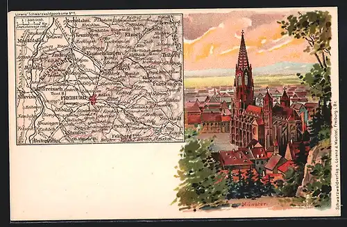 Lithographie Freiburg, Ortsansicht mit Münster, Landkarte