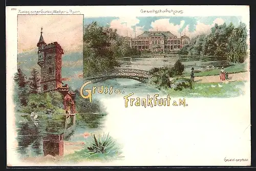 Lithographie Frankfurt-Westend, Gesellschaftshaus, Zoologischer Garten-Weiher u. Turm