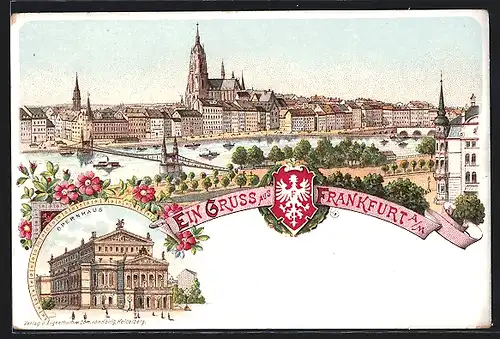 Lithographie Frankfurt, Totalansicht mit Dom, Opernhaus, Wappen