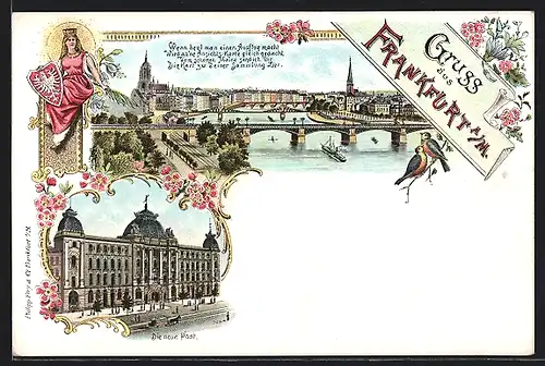Lithographie Frankfurt a. M., Teilansicht mit Brücke, Die neue Post