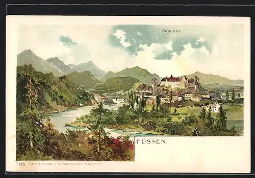 Lithographie Füssen, Blick zum Schloss