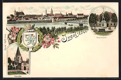 Lithographie Ingolstadt, Panorama mit Brücke, Kreuzthor, Wappen