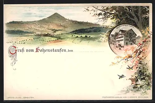 Lithographie Göppingen, Gasthaus zum Lamm, Panoramablick auf Hohenstaufen