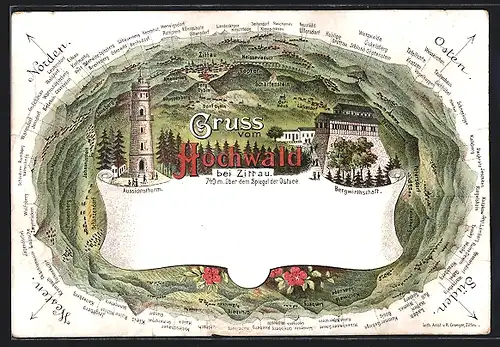 AK Oybin, Karte vom Hochwald, Aussichtsturm, Bergwirthschaft