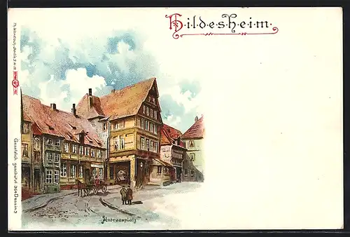 Lithographie Hildesheim, Strassenpartie am Andreasplatz