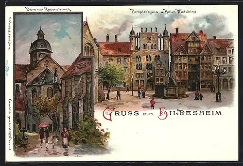 Lithographie Hildesheim, Templerhaus und Haus Wedekind, Dom mit Rosenstrauch um 1900