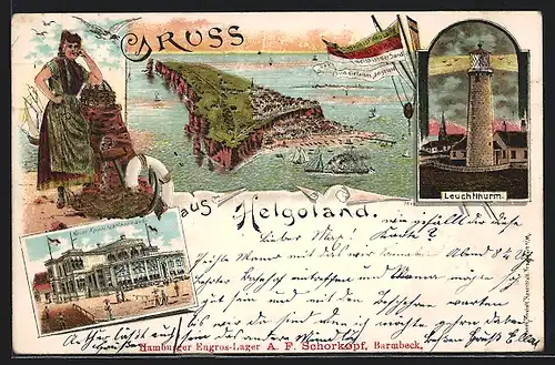 Lithographie Helgoland, Totalansicht, Leuchtturm, Neues Konversationshaus