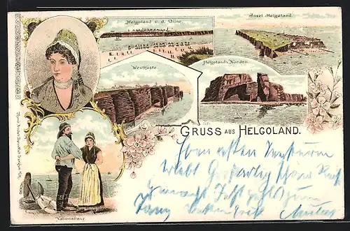 Lithographie Helgoland, Teilansicht v. d. Düne, Westküste, Nationaltanz