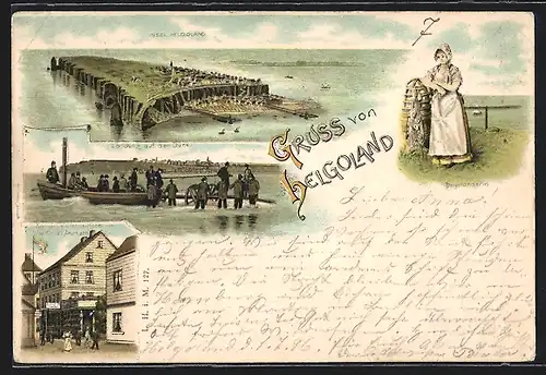 Lithographie Helgoland, Königin Victoria Hotel, Landung auf der Düne, Helgoländerin