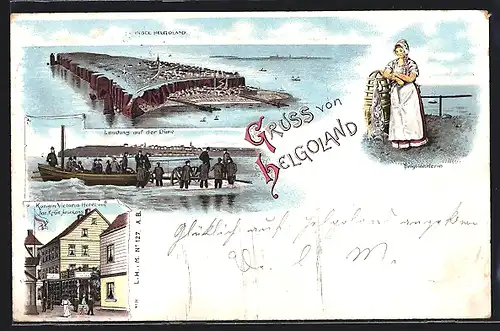 Lithographie Helgoland, Blick auf die Insel, Landung auf der Düne, Königin Victoria Hotel, Helgoländerin