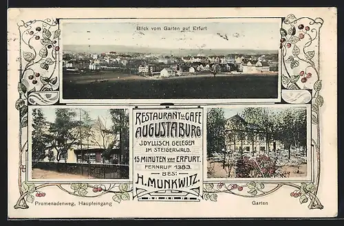 AK Erfurt, Restaurant und Cafe Augusta-Burg, Haupteingang am Promenadenweg, Garten, Blick auf den Ort