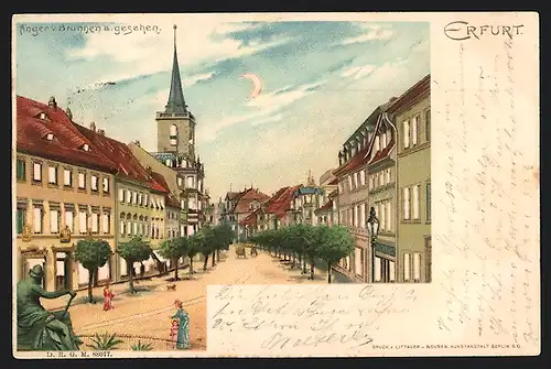 Lithographie Erfurt, Strasse Anger v. Brunnen aus