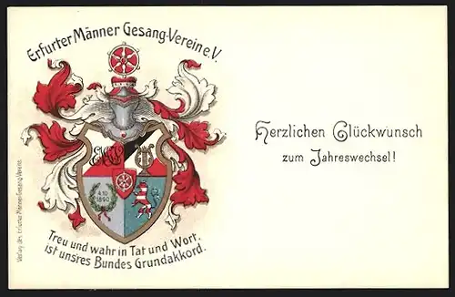 Künstler-AK Erfurt, Erfurter Männer Gesang-Verein e. V., Ritterhelm und Wappen, Sängerfest, Neujahrsgruss