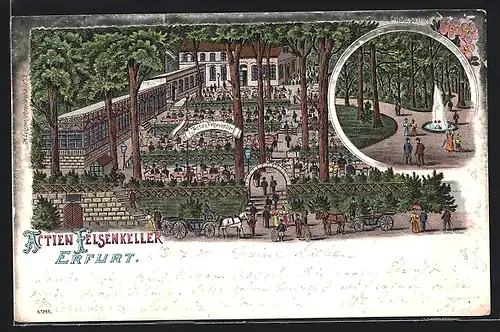 Lithographie Erfurt, Gasthaus Actien Felsenkeller mit Garten aus der Vogelschau, Waldparthie