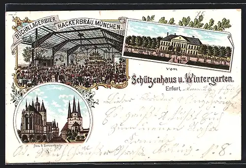 Lithographie Erfurt, Restaurant Schützenhaus mit Wintergarten, Dom u. Serverikirche