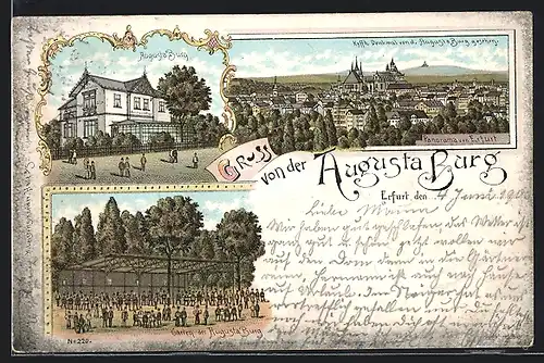 Lithographie Erfurt, Gasthof Augusta-Burg, Garten, Kyffhäuser-Denkmal von der Augusta-Burg gesehen