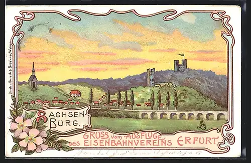 Lithographie Oldisleben, Blick auf Sachsenburg und Umgebung im Abendlicht