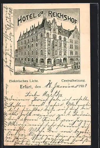 Lithographie Erfurt, Hotel Reichshof, Strassenbahn