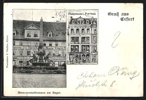 AK Erfurt, Warenhaus L. Pinthus, Monumentalbrunnen am Anger