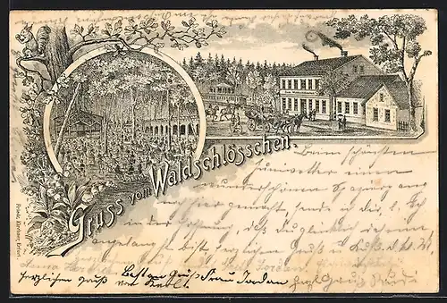 Lithographie Erfurt, Restaurant Waldschlösschen mit Garten