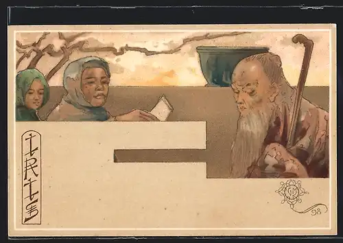 Künstler-AK sign. Giovanni Mataloni: Iris, Älterer Asiate mit Stock, Jugendstil