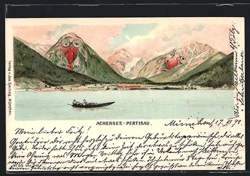 Künstler-AK Seiling Nr. 55: Pertisau, Blick vom Achensee auf Ort und Gebirge, Berg mit Gesicht / Berggesichter