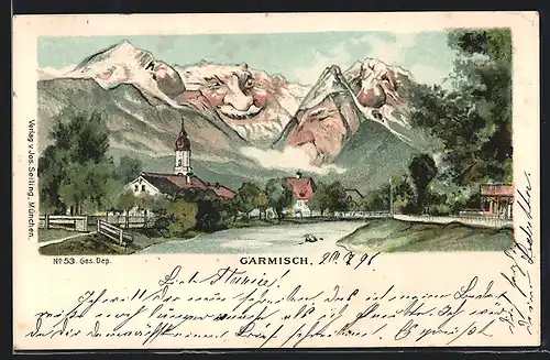 Lithographie Seiling Nr. 53: Garmisch, Berg mit Gesicht / Berggesichter