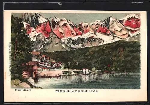 Künstler-AK Seiling Nr. 52: Eibsee und kalte Nasen mit der Zugspitze, Berg mit Gesicht / Berggesichter