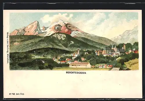 Künstler-AK Seiling Nr. 48: Berchtesgaden, Teilansicht gegen bebrillten Berg, Berg mit Gesicht / Berggesichter