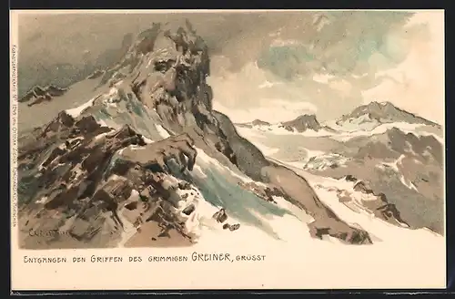 Künstler-AK Edward Theodore Compton: Entgangen den Griffen des Grimmigen Greiner, Berggesichter