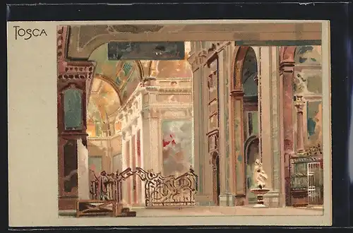 Künstler-AK Leopoldo Metlicovitz: Szene aus der Oper Tosca, Inneres einer Kirche