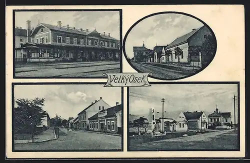 AK Velký Osek, Bahnhof, Gebäudeansichten