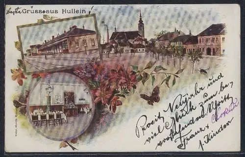 Künstler-AK Hullein, Am Bahnhof, Gasthaus Innenansicht