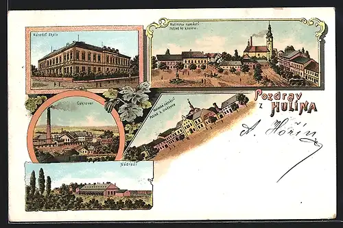 Lithographie Hulin, Narodni skola, Cukrovar, nadrazi